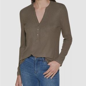 Calvin Klein Women's Ribbed Long Sleeve Henley button up Stretch Top Olive S